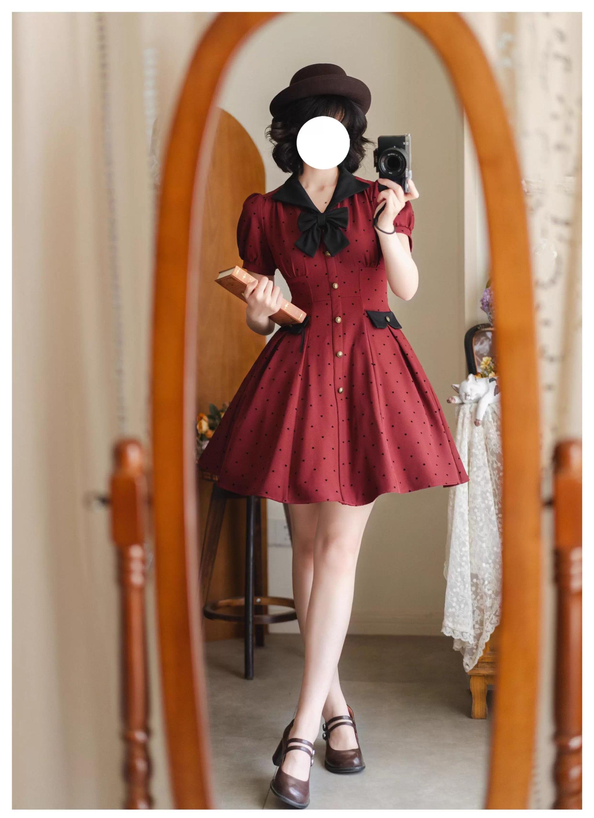 Polka-dot classic lolita OP dress removable bow detail close-up flocked embellishment V-line neckline vintage aesthetic charm