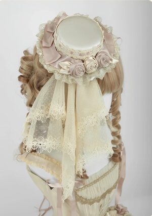 champagne lolita bridal top hat headdress with sheer lace veil and satin rose details back view