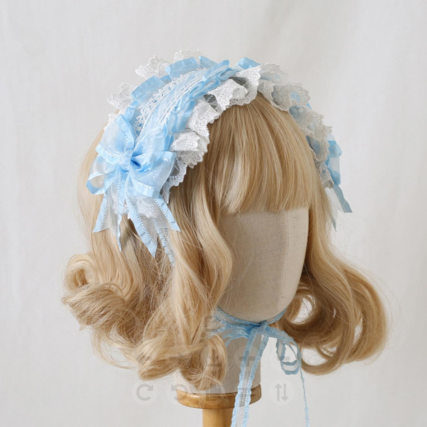 Light blue lolita lace hair clip headband front side view with multi-layer ruffled lace, large side bow decoration, and matching blue neck pendant ribbon