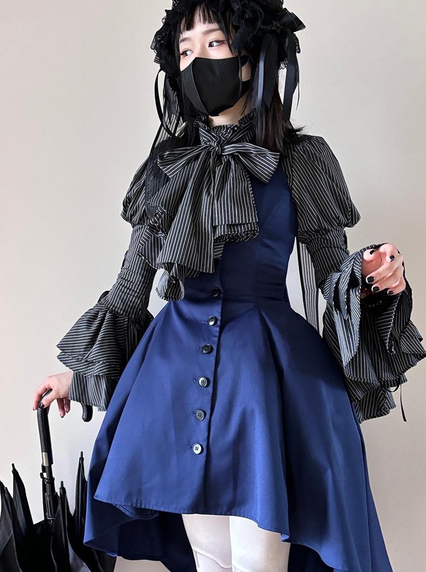 Size comparison display of Gothic Lolita striped blouse in multiple sizes showing silhouette scaling and high-waisted proportion across S M L XL sizing options