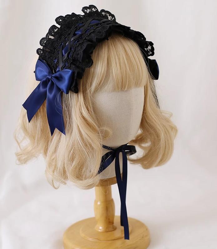 Alternative fashion Lolita headband featuring minimalist design with black lace ruffled trim, small satin bow, and adjustable neck strap