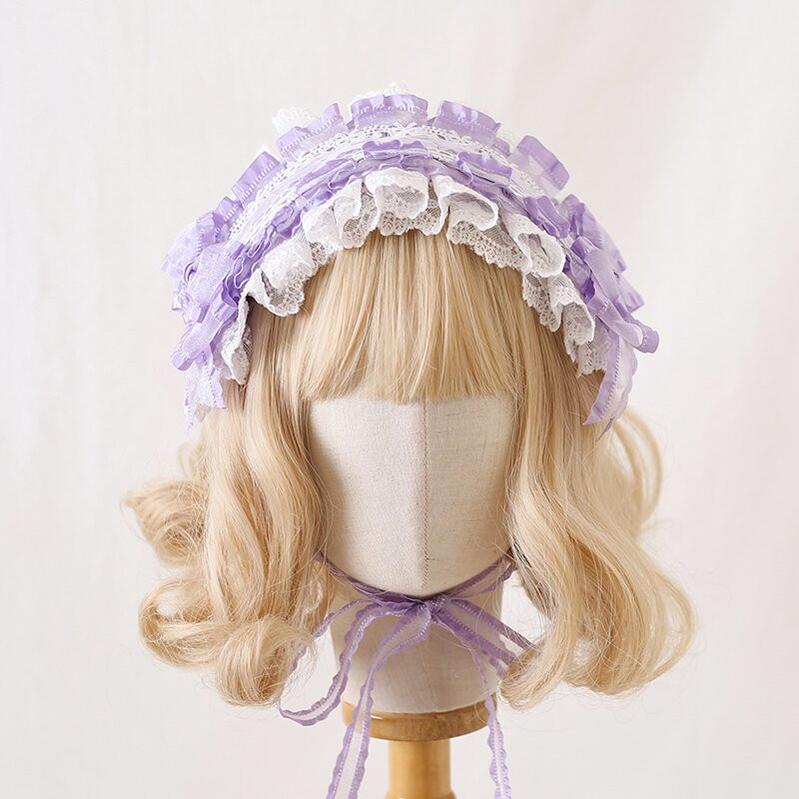 Light purple elegant lolita lace hair clip headband with refined embroidered lace design, decorative mesh bow, and coordinated aesthetic styling