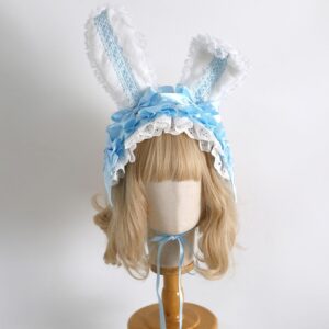 Baby blue sweet lolita bunny ear hairband with white ruffled lace trim on mannequin blonde curly wig