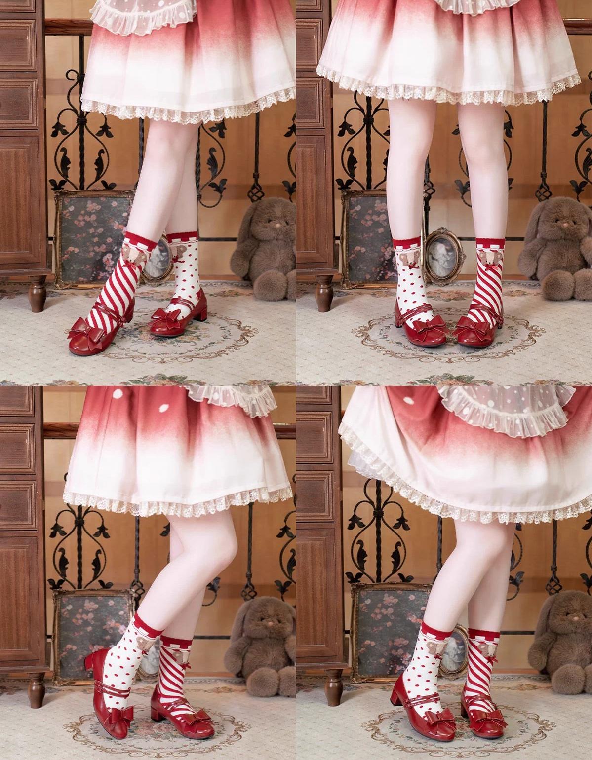 Wine red Lolita Mary Jane shoes on model legs multiple low-angle shots indoor home hallway with gradient pink skirt striped ruffled socks wooden wardrobe and stuffed toys vintage decor