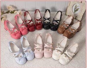 assorted-milk-bun-bunny-sweet-lolita-high-heel-shoes-multiple-colors-flat-lay-display-with-floral-decorations