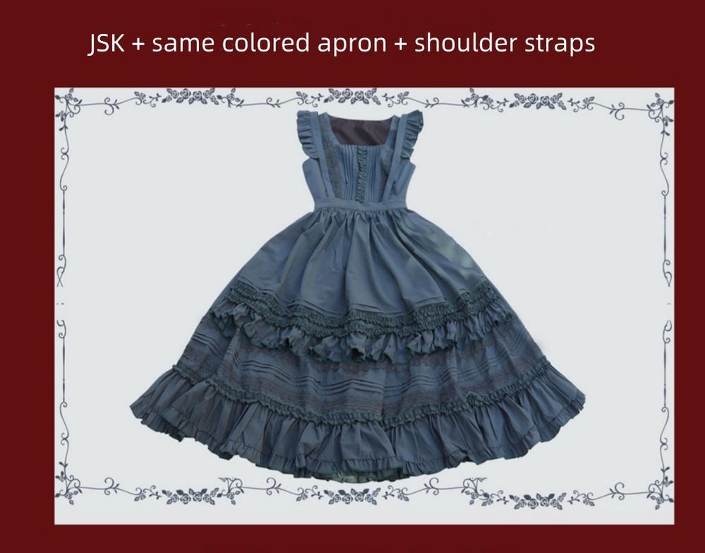 Nocturne Reminiscence Lolita JSK dress styling with matching colored apron and coordinating accessories