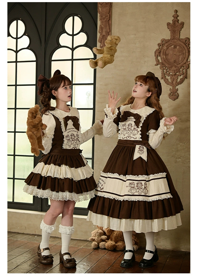 Lolita dress interaction dual-model side shot arched gothic windows one model holding teddy bear ruffled skirt lace trim sleeve cuffs