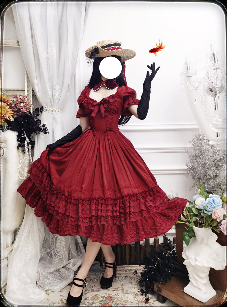 Burgundy French vintage Lolita one-piece dress with puff sleeves and multi-layer lace ruffles, worn by model with retro hat and black gloves in European vintage home setting