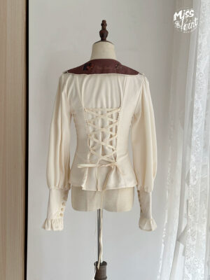 Back view classic lolita blouse corset lace-up design vintage cream fabric brown collar matching ruffled cuffs dress form display