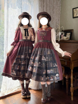 German Bookshelf burgundy classic lolita OP dress two models side by side retro piano room setting library print matching hats boots