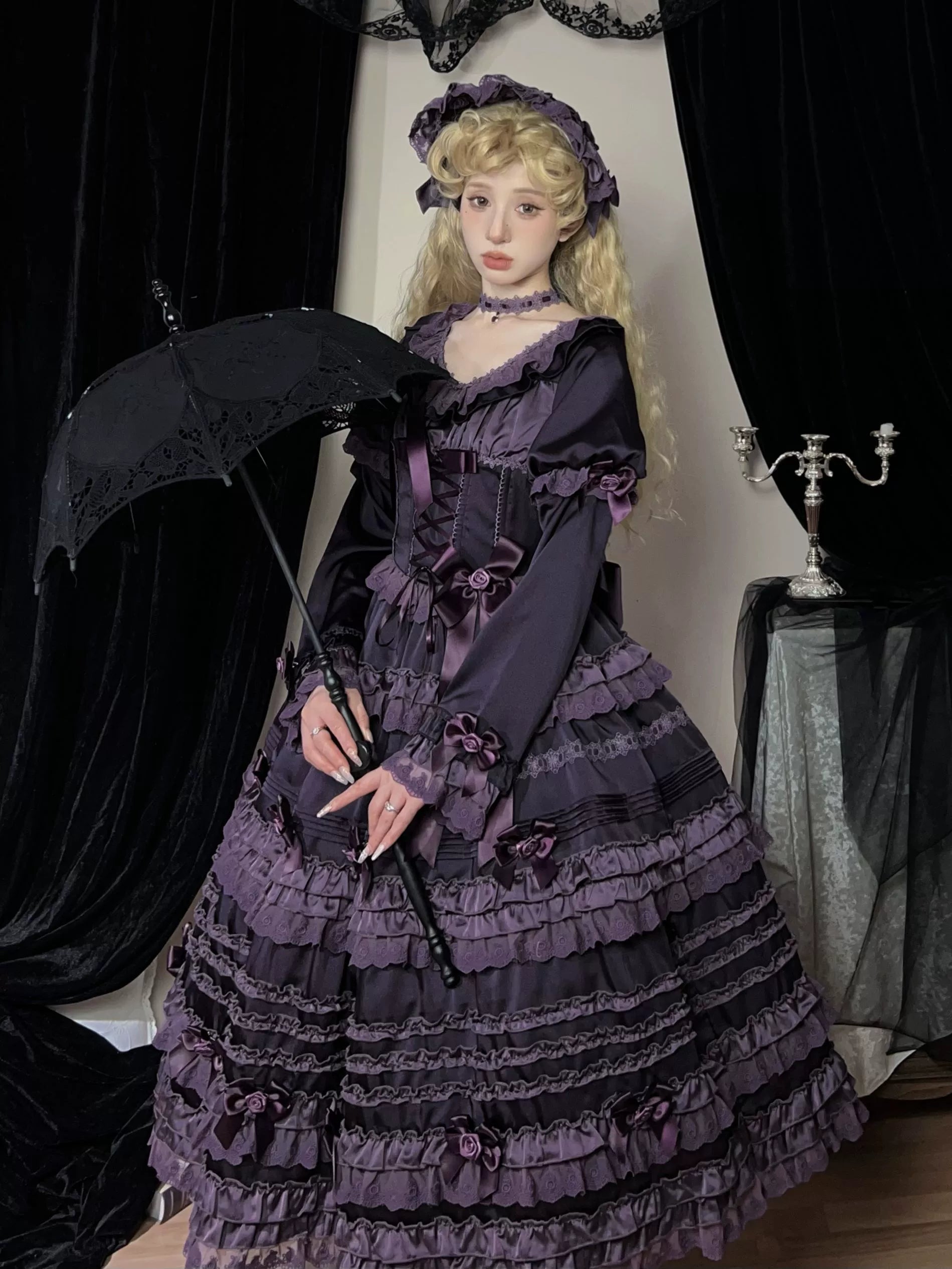 Stacked Black Currant - Gothic Lolita OP Dress, Detachable Skirt Hem - Image 10