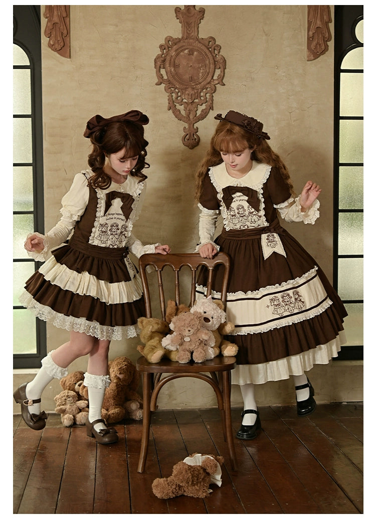 Sugar Frost Tale Lolita OP dress low-angle front full-body dual-model wooden chair props classic silhouette tiered ruffled skirt cream lace hem