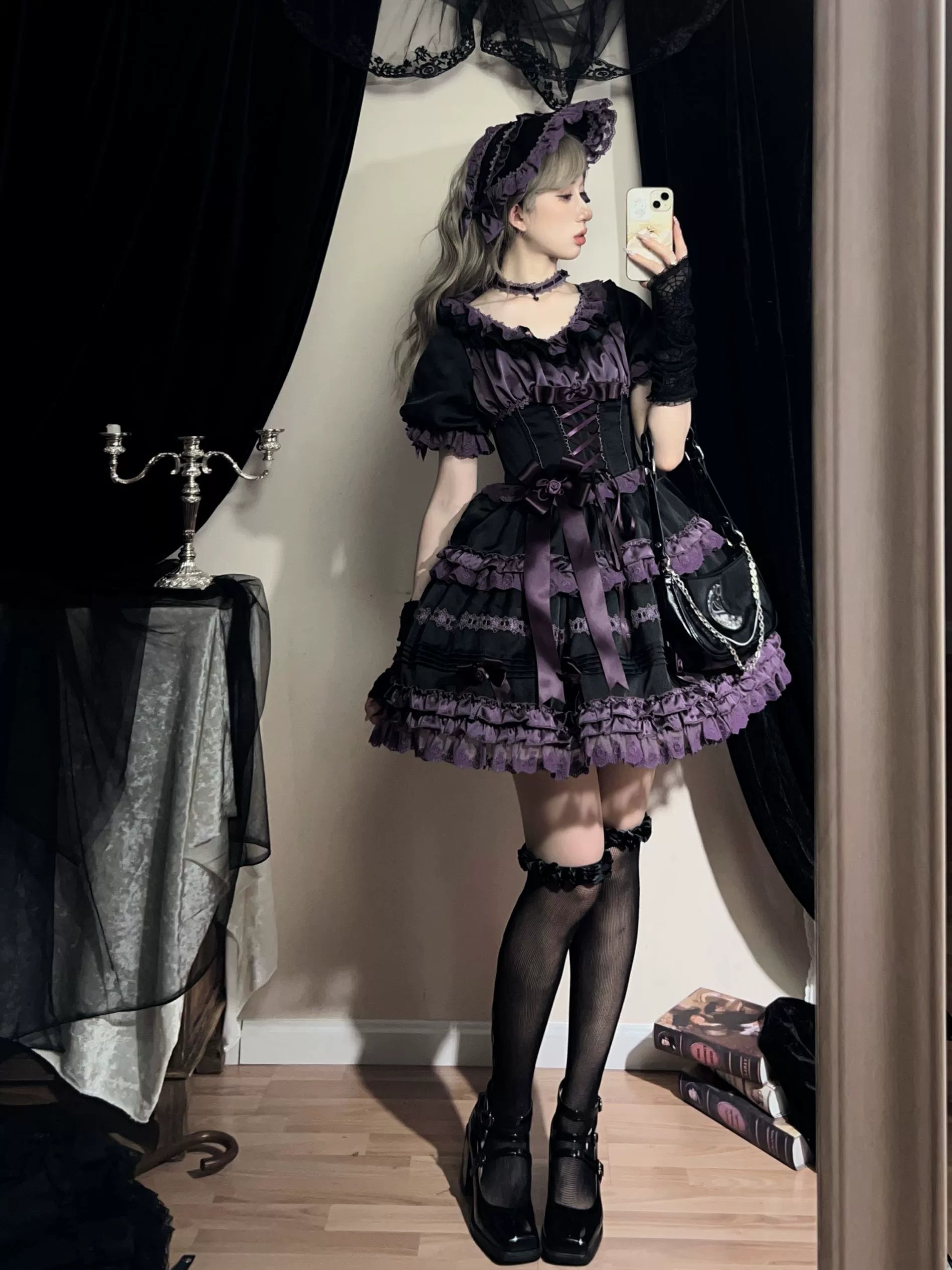 Stacked Black Currant - Gothic Lolita OP Dress, Detachable Skirt Hem - Image 12