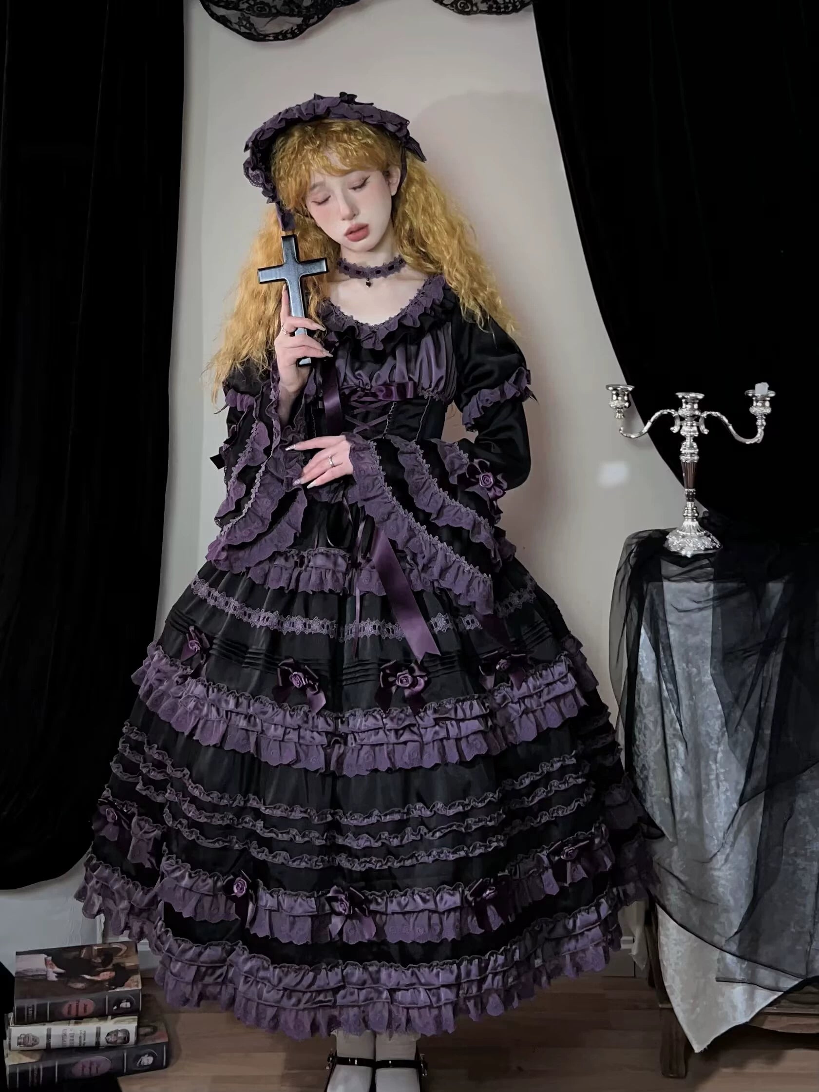 Stacked Black Currant - Gothic Lolita OP Dress, Detachable Skirt Hem - Image 9