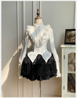 Charlotte lantern sleeve lolita blouse white with ruffled tiered skirt set on dress form front view