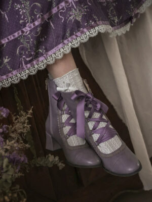 Purple grayish lolita ankle boots with scallop lace collar and satin ribbon laces worn with vintage purple lace-trimmed lolita skirt classic fashion aesthetic