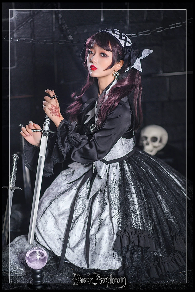 DuskProphecy - Coccyx - Elegant Lolita Dress High Waist Fishbone Print JSK Set - Image 21