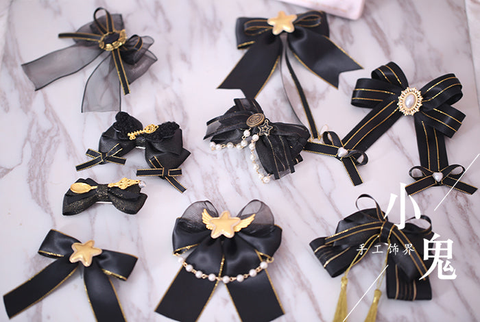 gothic lolita hair accessories full set flat lay marble background black gold color scheme bows clips series