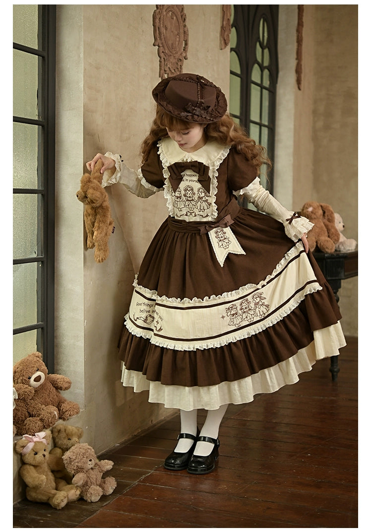 Sugar Frost Tale Lolita dress color-blocking brown cream two-tone design waist slimming visual technique