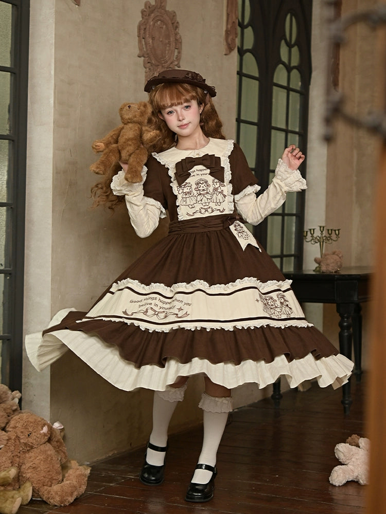 Lolita OP dress tiered ruffled skirt lace hem detail layers texture dimensional construction