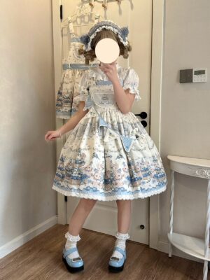 Blueberry tart party sweet lolita JSK dress three-quarter front view model wearing cat ear headbow ruffled socks blue platform shoes indoors
