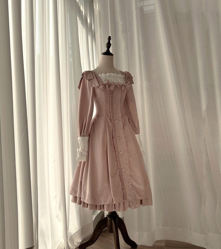 Velvet Lolita OP dress care and maintenance flat lay showing proper storage on padded hanger, protective fabric bag, and conservation tips for preserving velvet investment piece