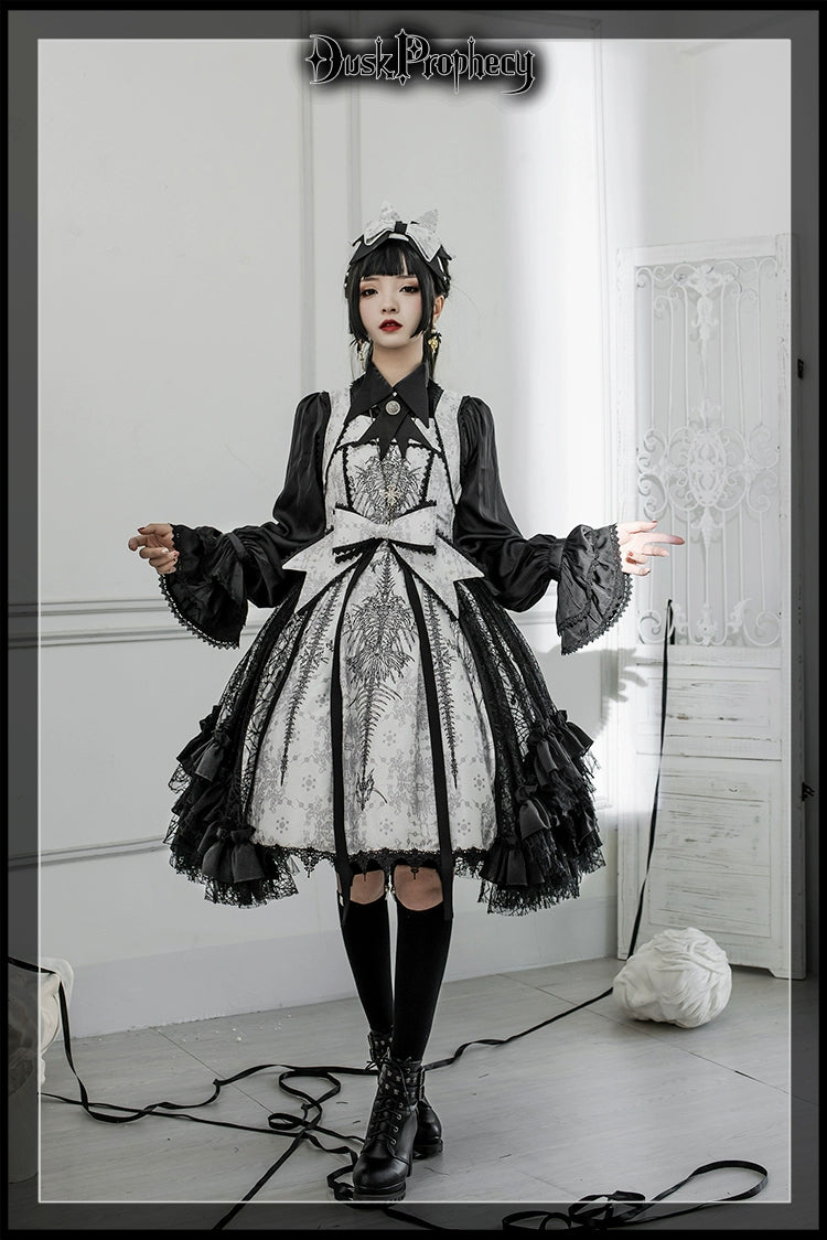 DuskProphecy - Coccyx - Elegant Lolita Dress High Waist Fishbone Print JSK Set - Image 54