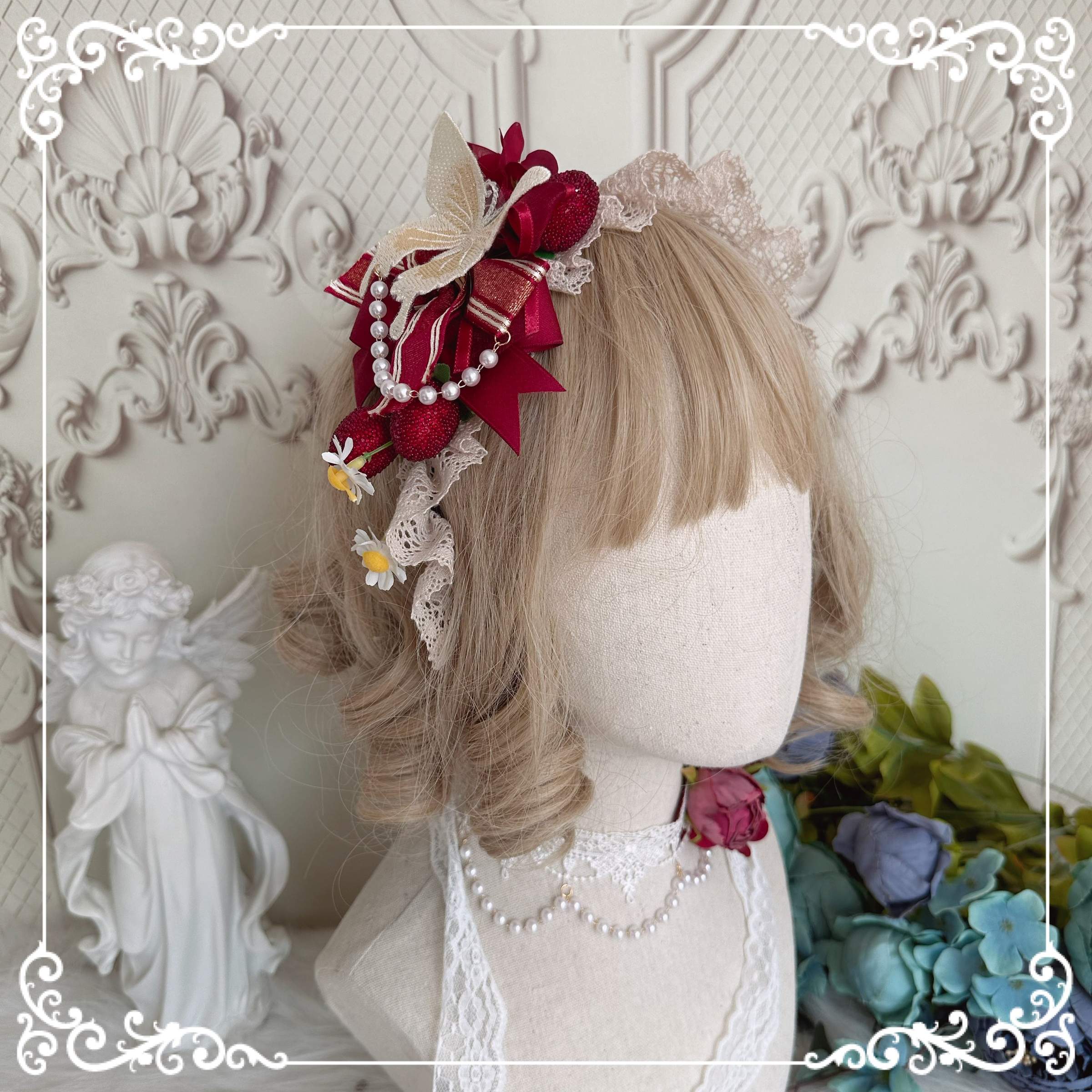 Country Lolita handmade KC keychain charm with multi-decorative elements and pearl accents for bag or belt loop attachment