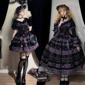 Stacked Black Currant - Gothic Lolita OP Dress, Detachable Skirt Hem