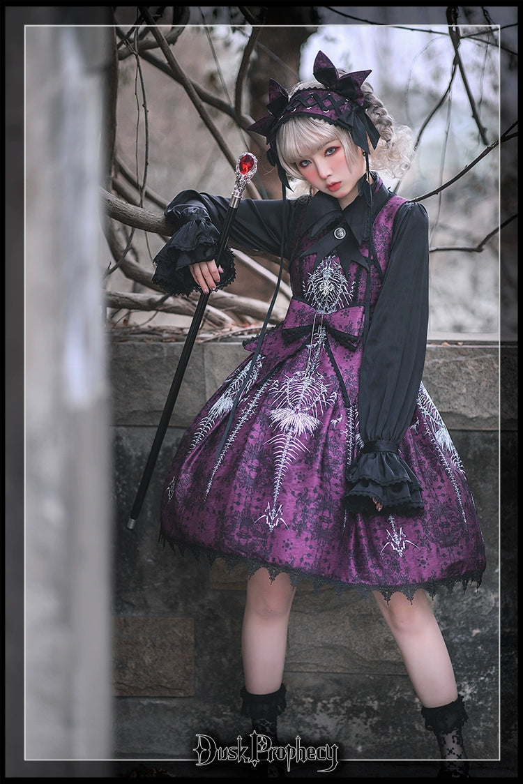 DuskProphecy - Coccyx - Elegant Lolita Dress High Waist Fishbone Print JSK Set - Image 46