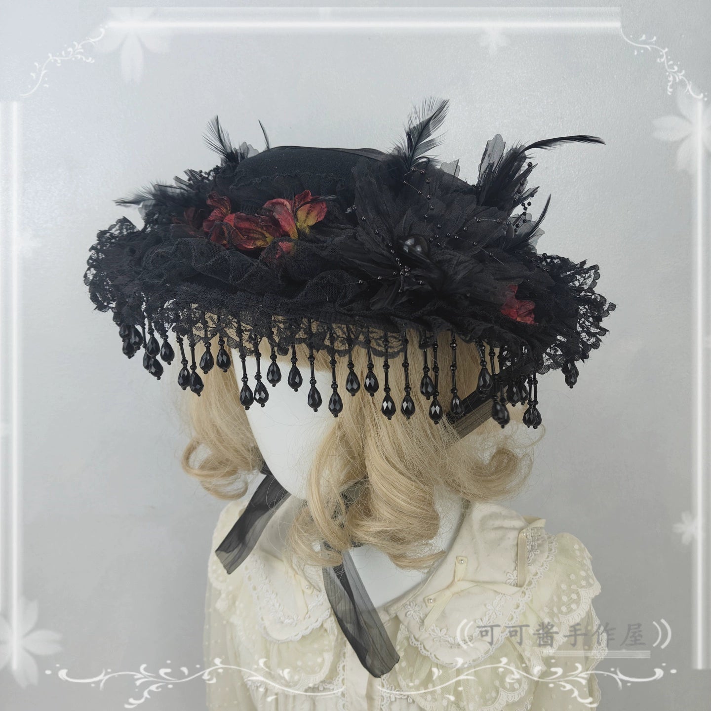Gothic Lolita flat-top hat right front angled view red flowers feather trims brim beads shorter ribbon ties
