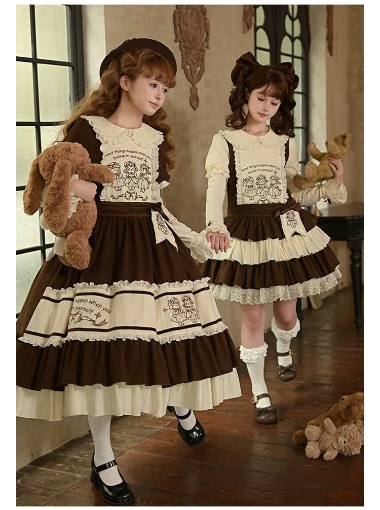 Sugar Frost Tale Lolita OP dress side front angle dual-model vintage gothic stained glass window setting brown cream color scheme