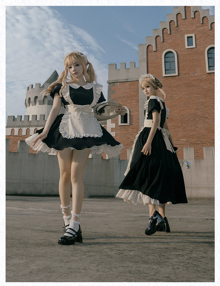 Vintage maid lolita short dress with detachable frilled apron and high-waisted mini skirt side view outdoor