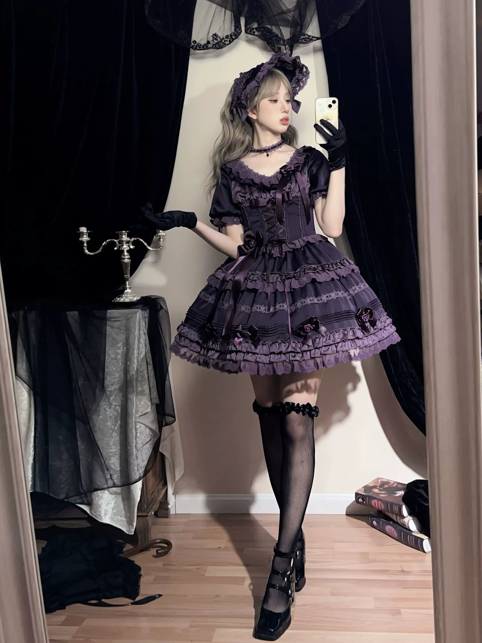 Stacked Black Currant - Gothic Lolita OP Dress, Detachable Skirt Hem - Image 6