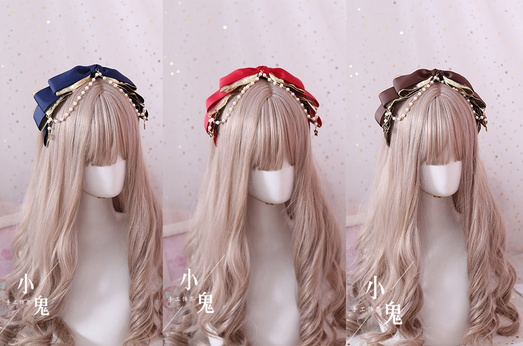 gothic lolita bow hairclip dark green multilayer beads kc color option sophisticated dark tone