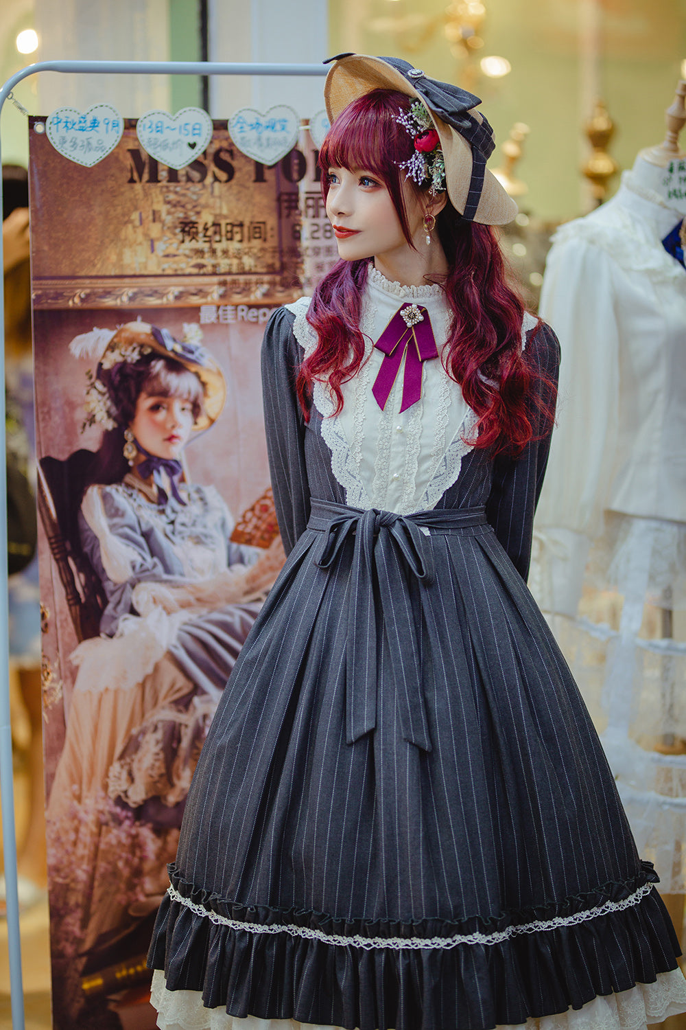 Rose Silhouette Lolita OP dress fabric texture and pattern detail showing wool-cotton blend striped weave and quality construction