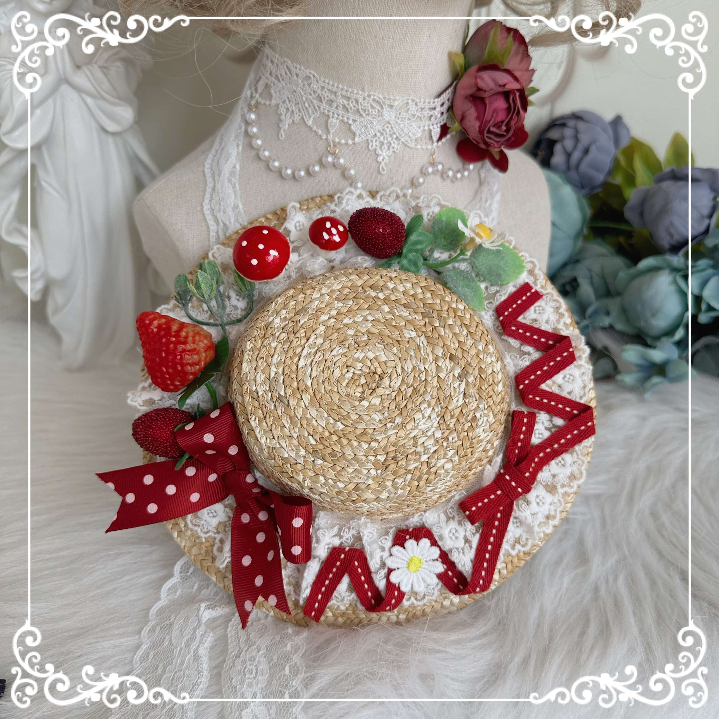 Country Lolita handmade KC keychain charm accessory with strawberry decorations and pearl accents for bag coordination