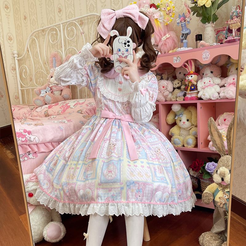 Mirror front full-body close-up of Sweet Bunny Bear Lolita OP dress revealing clear bunny and bear patchwork print, wider flared skirt silhouette, large pink hair bow, white ankle socks detail