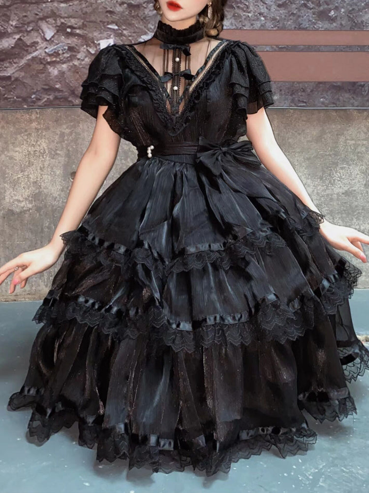midnight castle gothic lolita dress sleeve detail ruffled fly sleeves