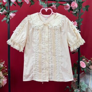 Beige sweet lolita blouse with lace peter pan collar front pintuck details and ruffled short sleeves with tiny bows