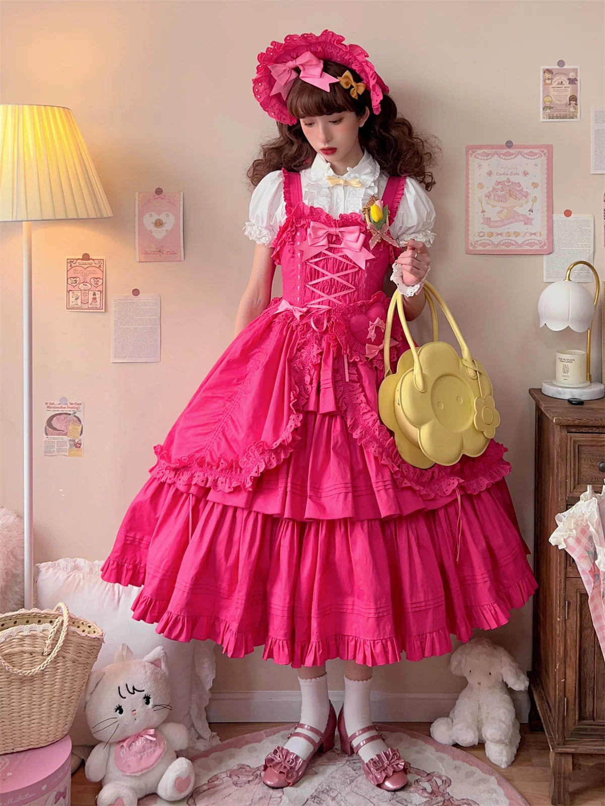 Styling inspiration image showing Gothic Lolita JSK coordinate with recommended blouse, footwear, and Lolita fashion accessories