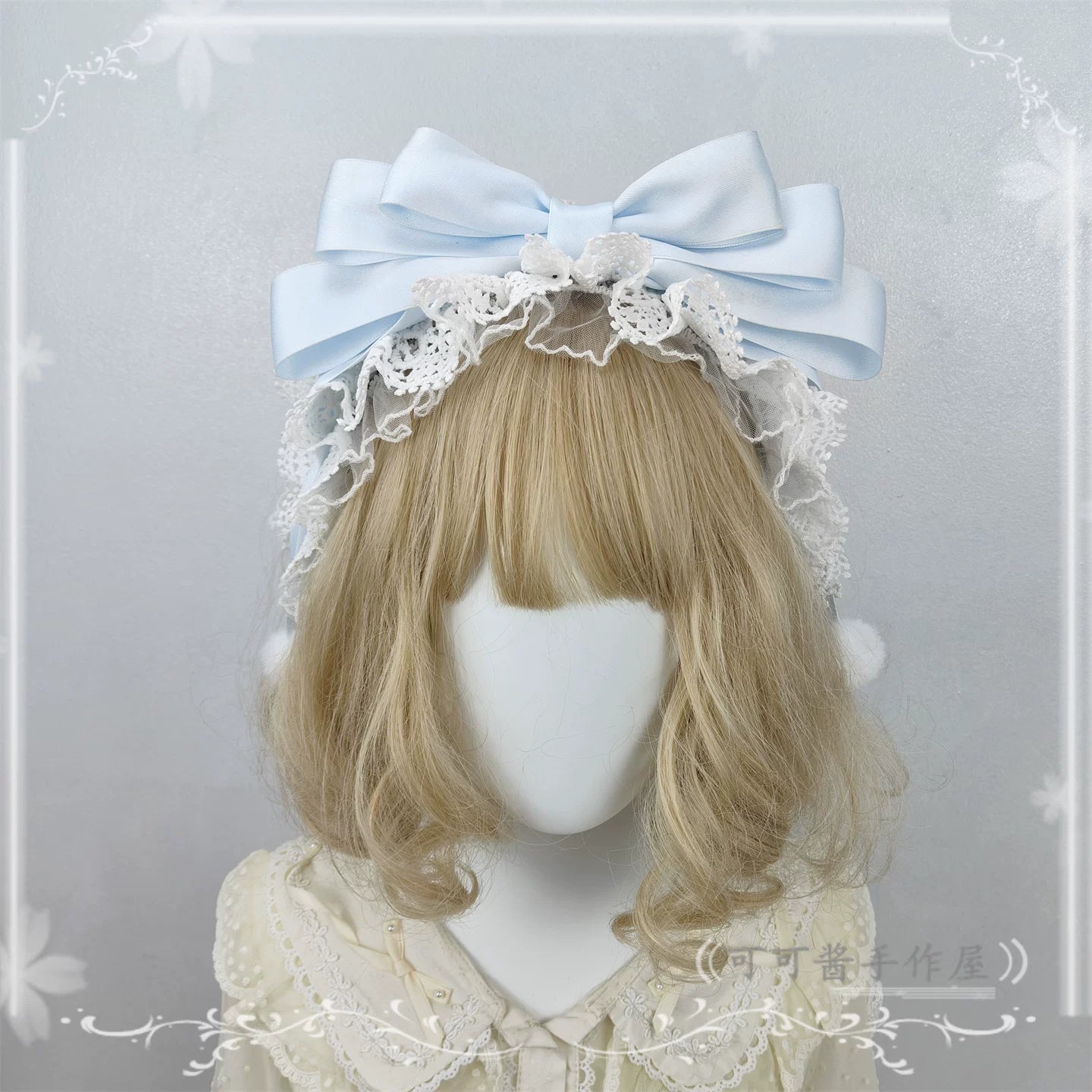 Sky Blue Sweet Lolita Lace Bowknot Hair Headdress with Large Satin Bow, White Ruffled Trim, and Pompoms