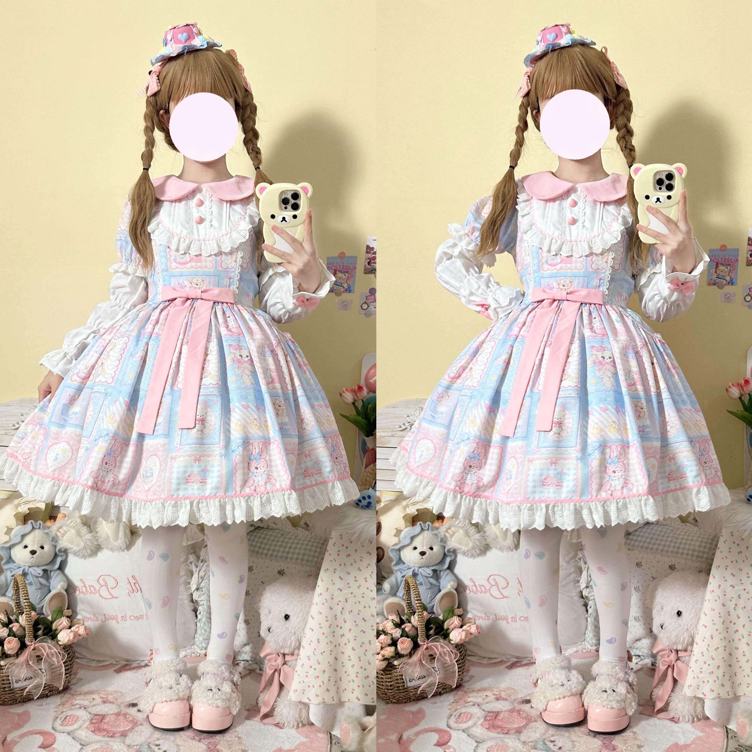 Size comparison and flat lay detail of Sweet Bunny Bear Lolita OP dress showing overall silhouette, patchwork design proportions, and dress structure in neutral background