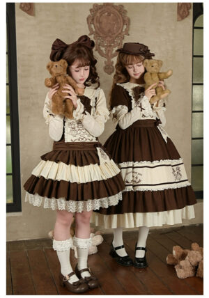 Kawaii Lolita button closure OP dress close-up front dual-model portrait with teddy bears bow hair accessories tiered ruffled skirt lace hem
