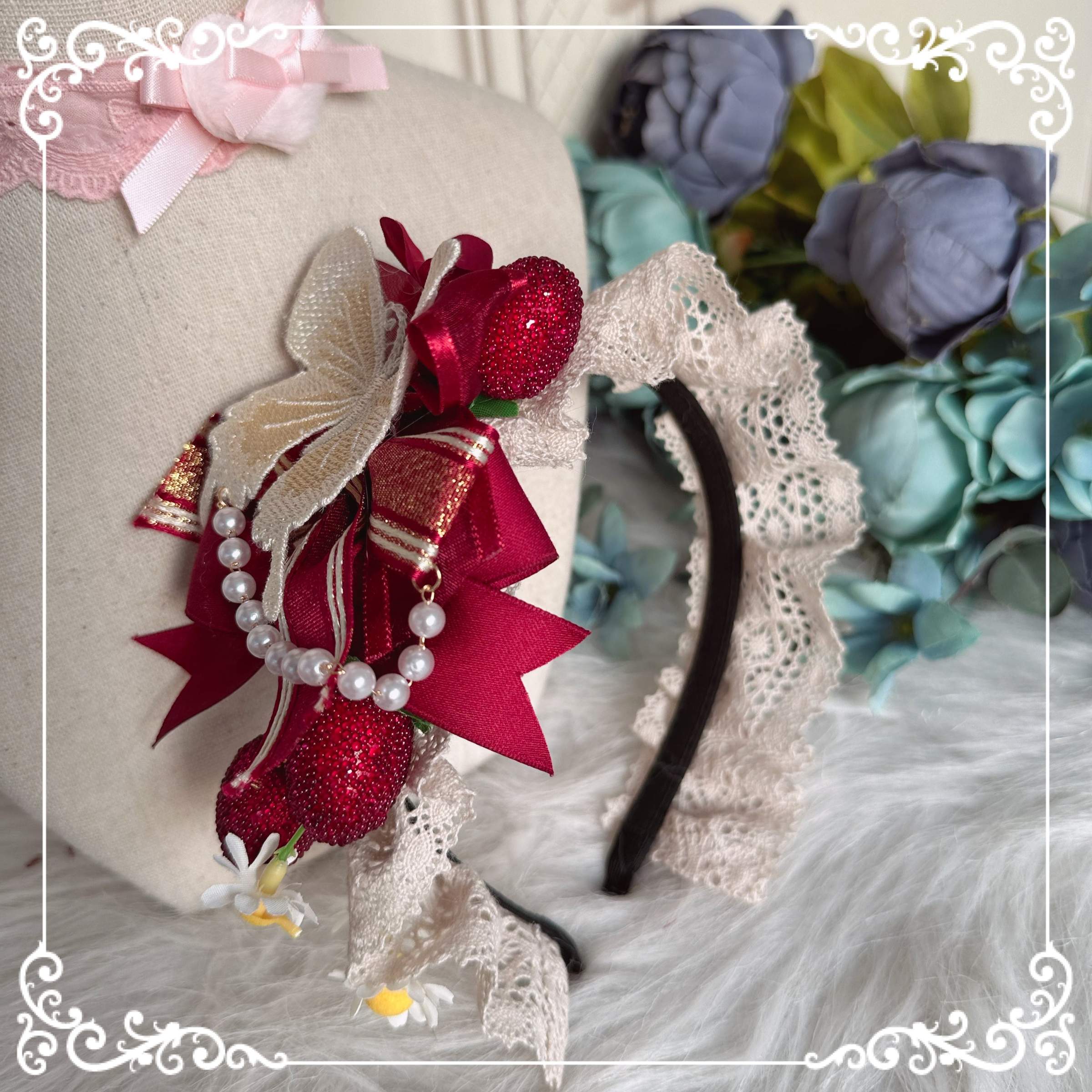 Black lace bow hairband wine red multi-layer satin bow pearl strings strawberry decorations small pink bow embellishment