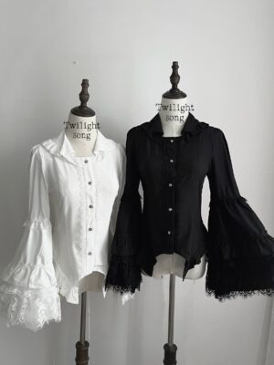 Gothic Lolita hime trumpet sleeve blouse front view comparison black and white color options flat display dress form studio