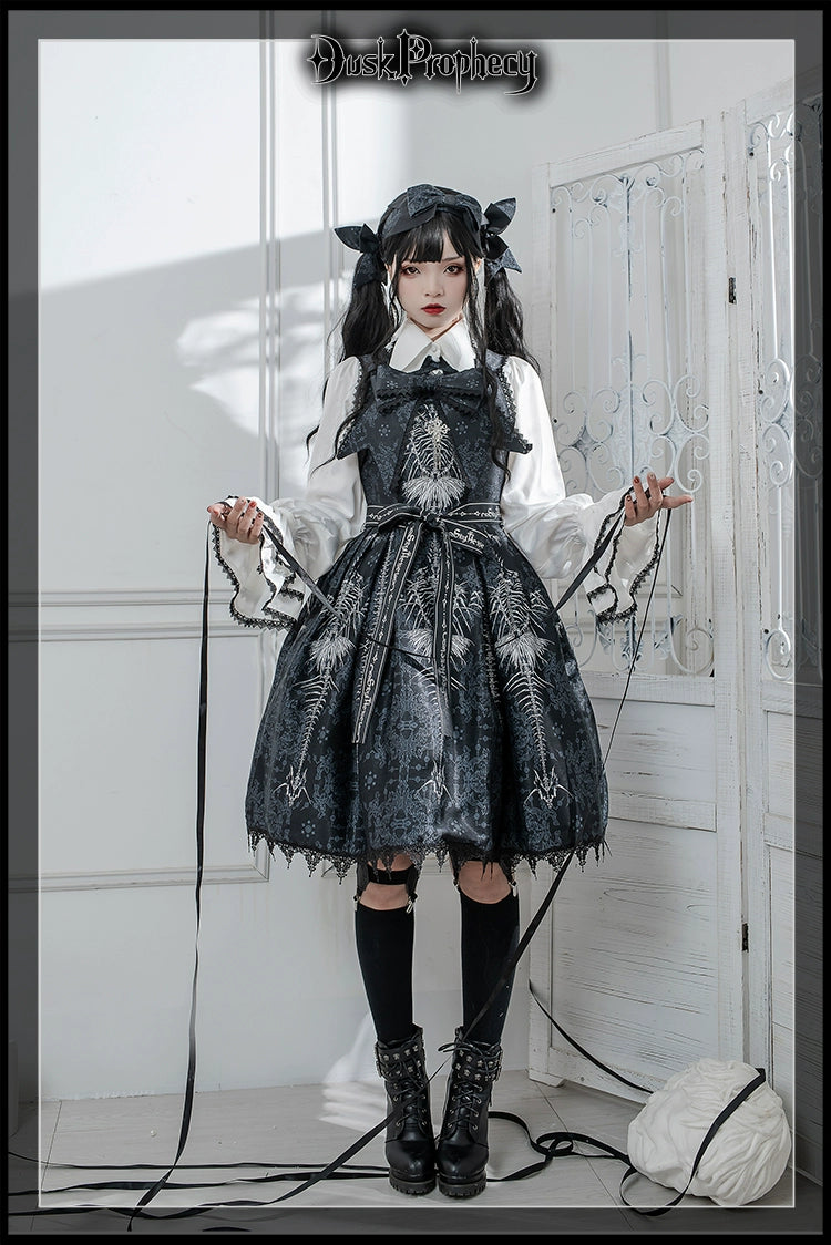 DuskProphecy - Coccyx - Elegant Lolita Dress High Waist Fishbone Print JSK Set - Image 65
