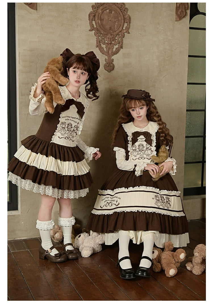 Lolita OP dress embroidered bodice detail close-up lamb bunny motif stitching quality brushed twill fabric texture