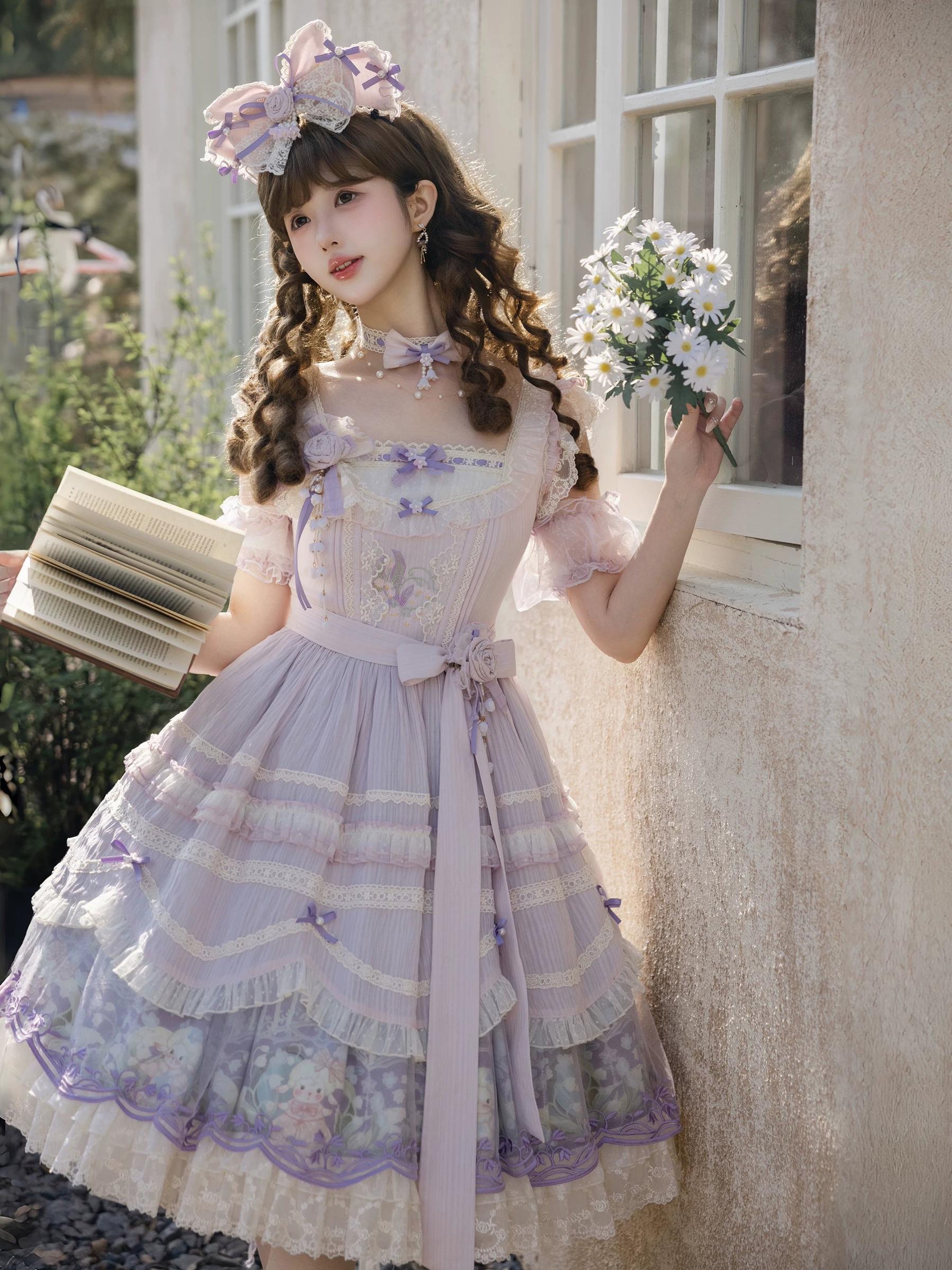 Lily of the Valley Lamb - Classic Lolita Tiered Hem JSK Dress with Embroidery - Image 19