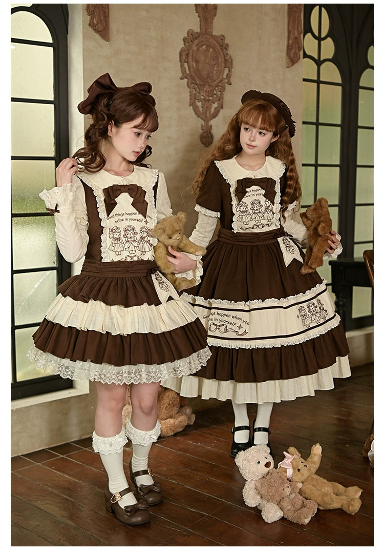Kawaii Lolita OP dress front full-body dual-model gothic windows wall ornaments brown cream two-tone lace ruffles animal embroidery bodice